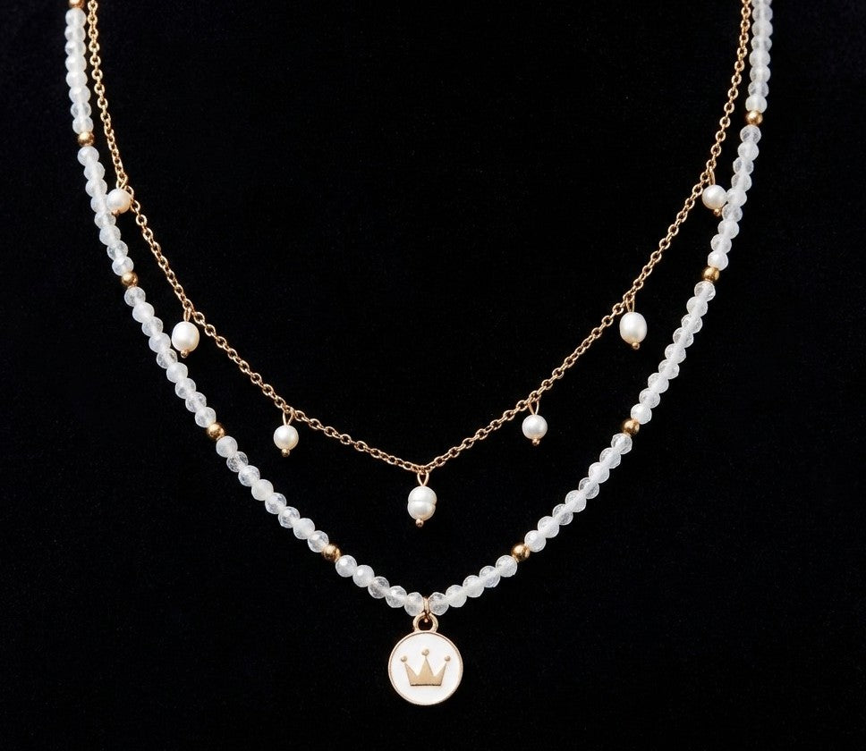Elegant Freshwater Pearl with White Mystic Color Glass 2 Row Layered 20" Necklace with Crown Coin Charm in Gold Tone