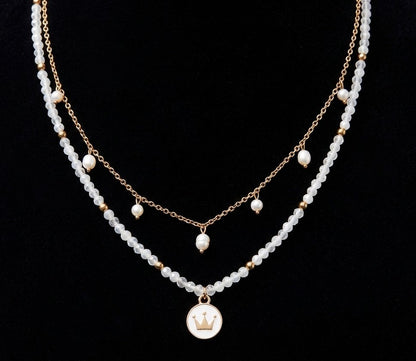 Elegant Freshwater Pearl with White Mystic Color Glass 2 Row Layered 20" Necklace with Crown Coin Charm in Gold Tone