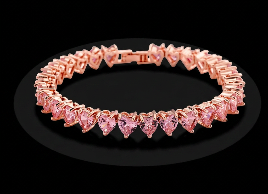 Romantic Pink Austrian Crystal Heart Tennis Bracelet - Rose Gold Plated