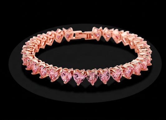 Romantic Pink Austrian Crystal Heart Tennis Bracelet - Rose Gold Plated