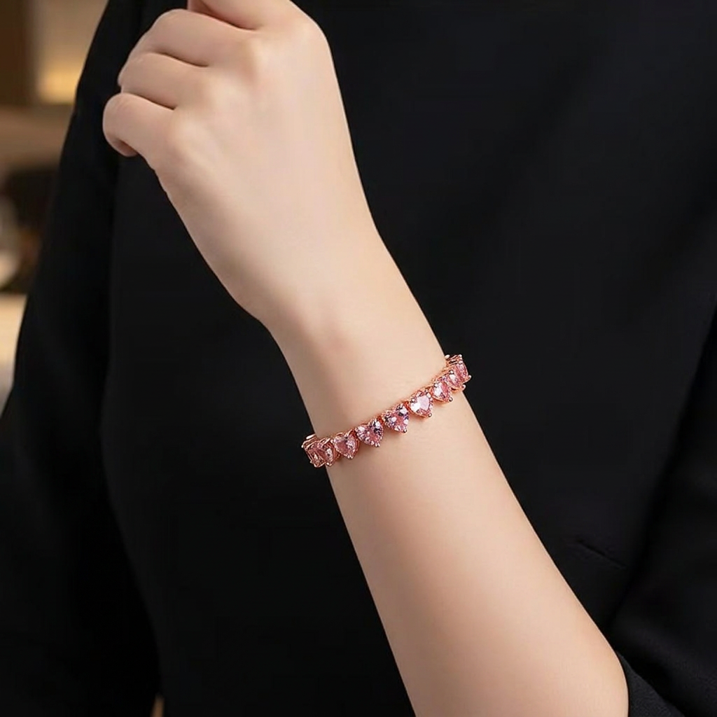 Romantic Pink Austrian Crystal Heart Tennis Bracelet - Rose Gold Plated