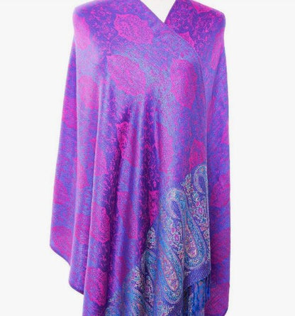 Purple and Pink Paisley Print Pashmina Shawl Scarf Wrap with Fringe