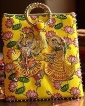 Vrindavan Radha Krishna Eternal Divine Lovers Two-Sided Unique Silk Handbag with Bangle Handle