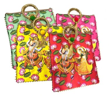 Vrindavan Radha Krishna Eternal Divine Lovers Two-Sided Unique Silk Handbag with Bangle Handle