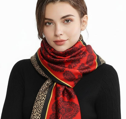 Red and Black with Leopard Trim Satin Scarf Shawl Wrap Holiday Gift