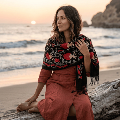 Black and Red Botanical Soft Woven Embroidered Shawl Scarf with Tassels