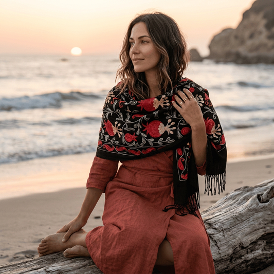 Black and Red Botanical Soft Woven Embroidered Shawl Scarf with Tassels
