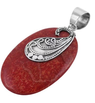 Coral Oval Shape Pendant with Paisley Work in 925 Sterling Silver Holiday Gift