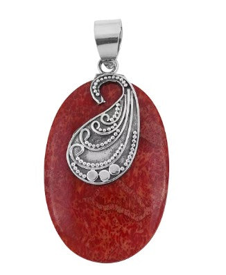 Coral Oval Shape Pendant with Paisley Work in 925 Sterling Silver Holiday Gift