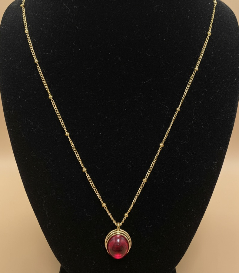 French Court Red Pendant with Gold Beaded Chain Necklace and Three Stone Stud Earrings Holiday Gift Set