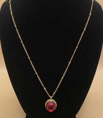 French Court Red Pendant with Gold Beaded Chain Necklace and Three Stone Stud Earrings Holiday Gift Set