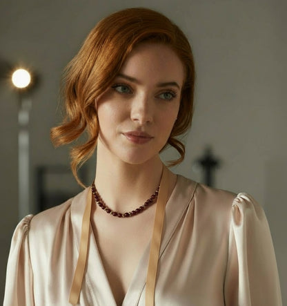 Red Agate with Gold Chip beads Classic Statement Necklace with Ribbon Closure Holiday Gift