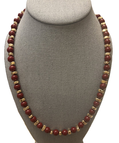Red Agate with Gold Chip beads Classic Statement Necklace with Ribbon Closure Holiday Gift