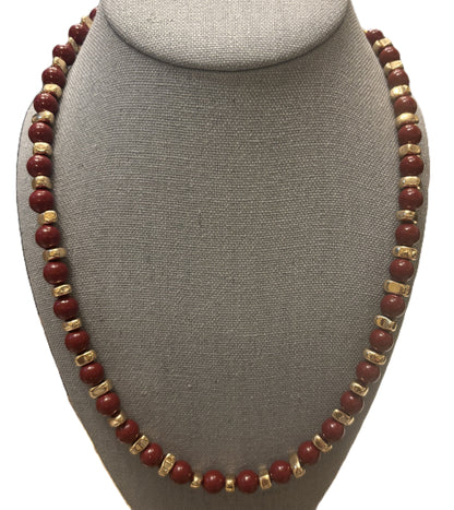 Red Agate with Gold Chip beads Classic Statement Necklace with Ribbon Closure