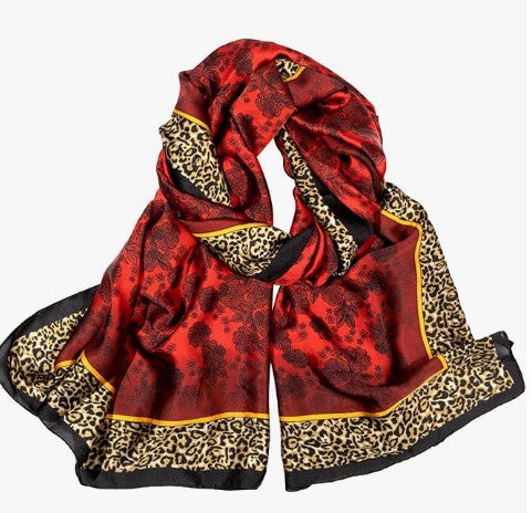 Red and Black with Leopard Trim Satin Scarf Shawl Wrap Holiday Gift