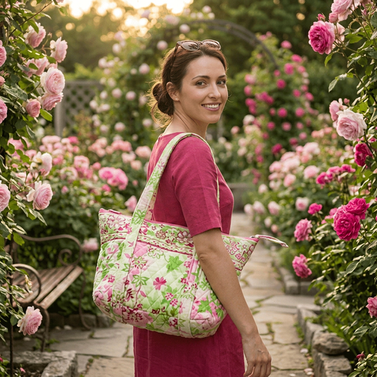 Pink & Green Floral Quilted Shoulder Spring Bag with Zipper Closure