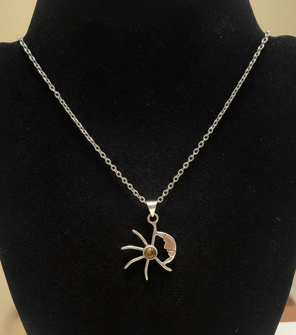 Sun Moon Harmony Pendant with Tiger's Eye Cabochon Gemstone in 925 Sterling Silver