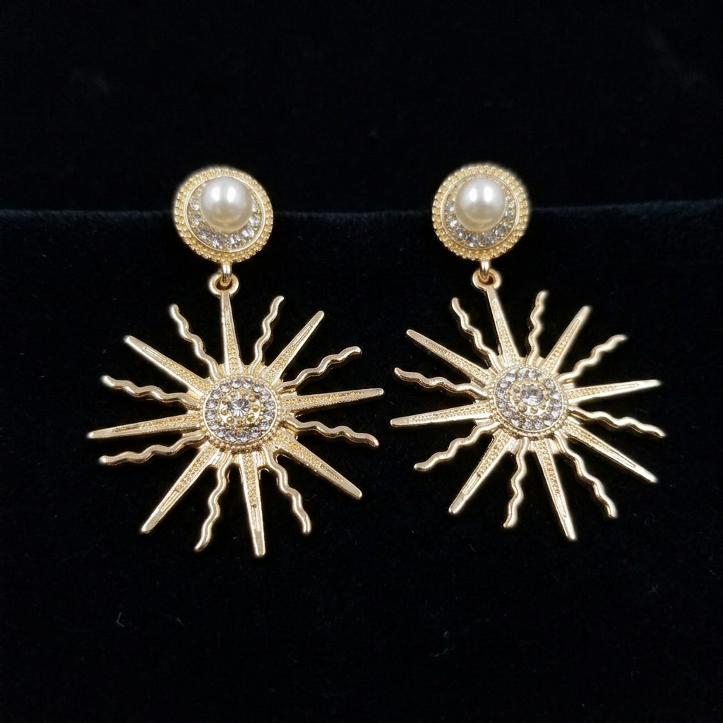 Radiant Sun with Cubic Zircon and Faux Pearl Yellow Gold Plated Earrings
