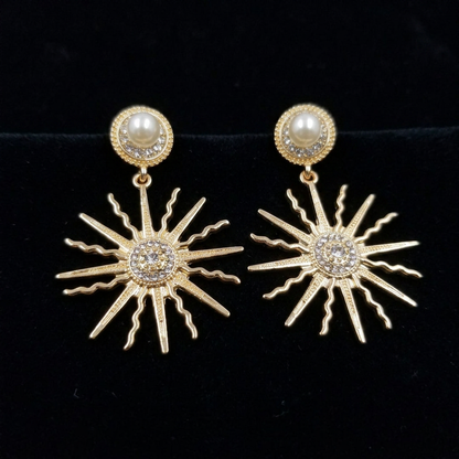 Radiant Sun with Cubic Zircon and Faux Pearl Yellow Gold Plated Earrings
