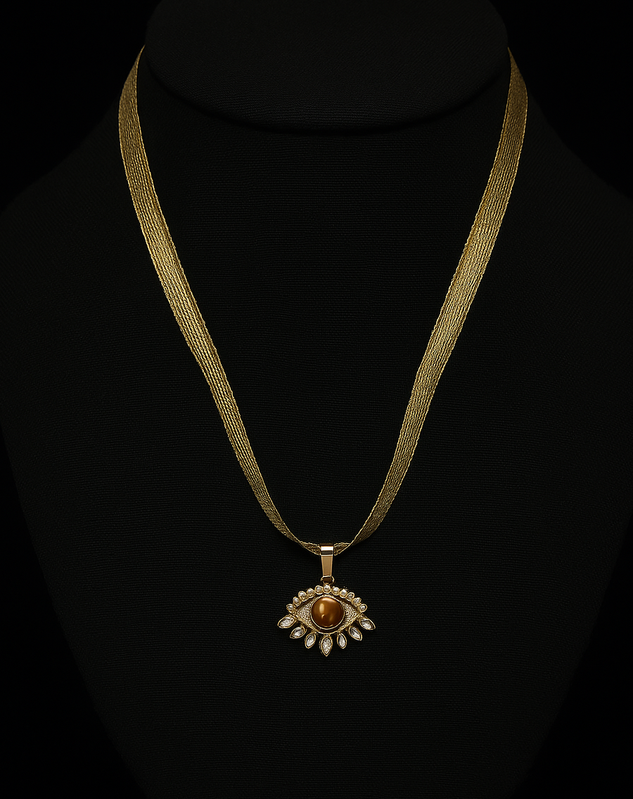 Shimmering Gold Ribbon Necklace with Tiger's Eye and Cubic Zirconia Evil Eye Pendant