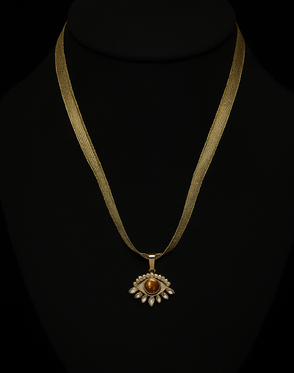 Shimmering Gold Ribbon Necklace with Tiger's Eye and Cubic Zirconia Evil Eye Protection Pendant