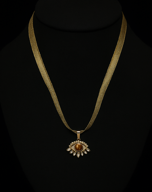 Shimmering Gold Ribbon Necklace with Tiger's Eye and Cubic Zirconia Evil Eye Pendant
