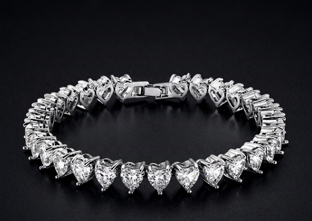 Romantic White Austrian Crystal Heart Tennis Bracelet - Silver Plated