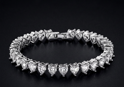 Romantic White Austrian Crystal Heart Tennis Bracelet - Silver Plated