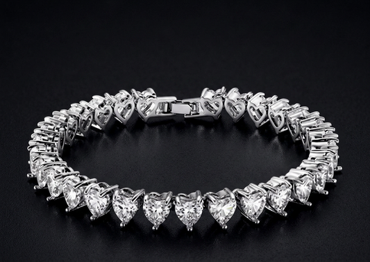 Romantic White Austrian Crystal Heart Tennis Bracelet - Silver Plated