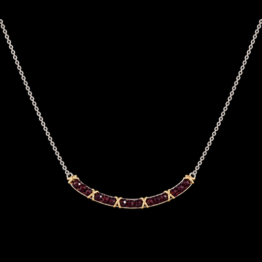 Garnet XOXO Two Tone Holiday Gold Plated Necklace with Platinum Bond