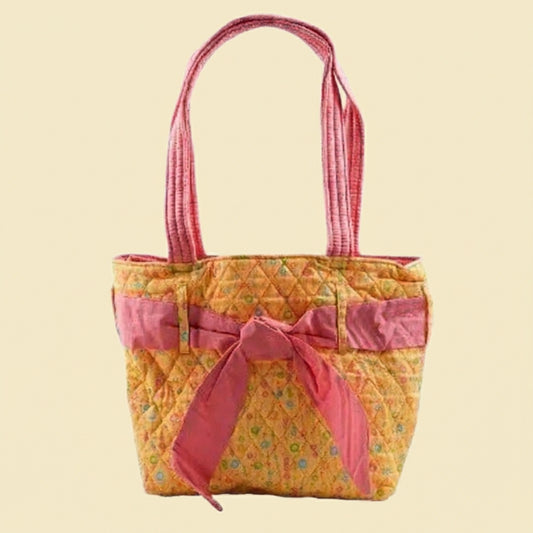 Yellow Printed with Pink Ribbon Quilted Shoulder Bag