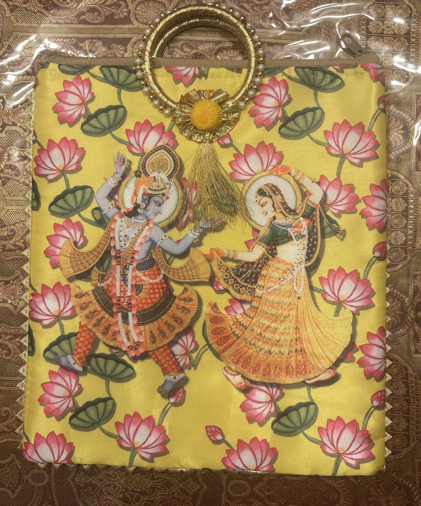 Vrindavan Radha Krishna Eternal Divine Lovers Two-Sided Unique Silk Handbag with Bangle Handle