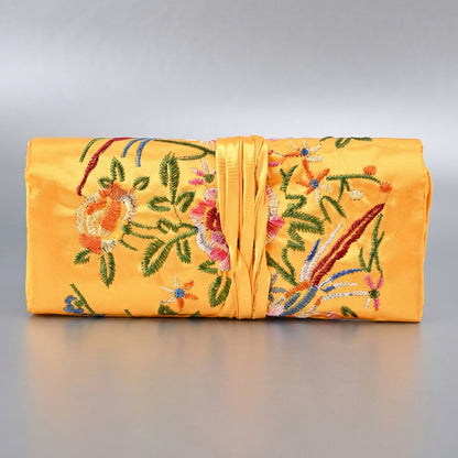 Yellow Gold Floral Embroidered Satin Travel Jewelry Roll Organizer Pouch