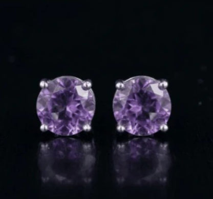 Brilliant Cut Round Amethyst 925 Earring Studs in Four Prong Setting