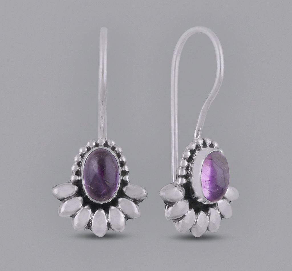 Flower Rawa Work Around Amethyst Oval Shaped Cabochon Gemstone 925 Sterling Silver Earrings