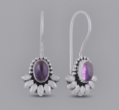 Flower Rawa Work Around Amethyst Oval Shaped Cabochon Gemstone 925 Sterling Silver Earrings