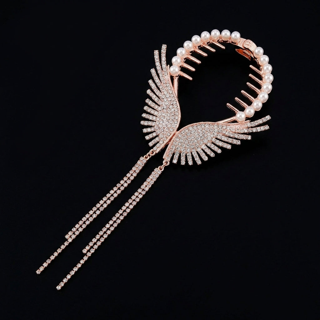 Simulated Pearl and Austrian Crystal Angel Wing Hair Accessory in Rose Gold Finish