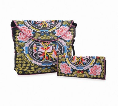 Black with Pink Floral Embroidered Crossbody Boho Handbag and Wallet Set