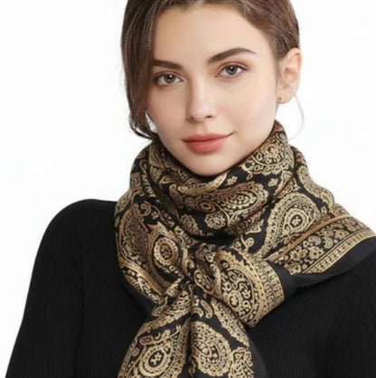 Black and Gold Paisley Print Satin Scarf Shawl Wrap
