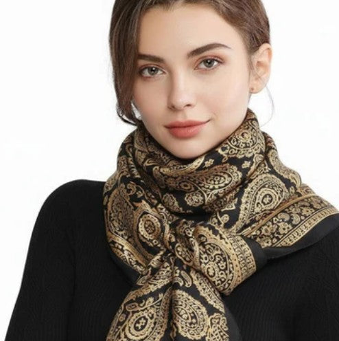 Black and Gold Paisley Print Satin Scarf Shawl Wrap