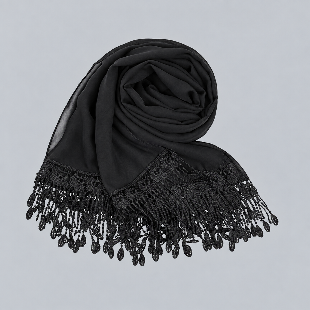 Black Chiffon Shawl Wrap with Tassel Lace Soft Scarf
