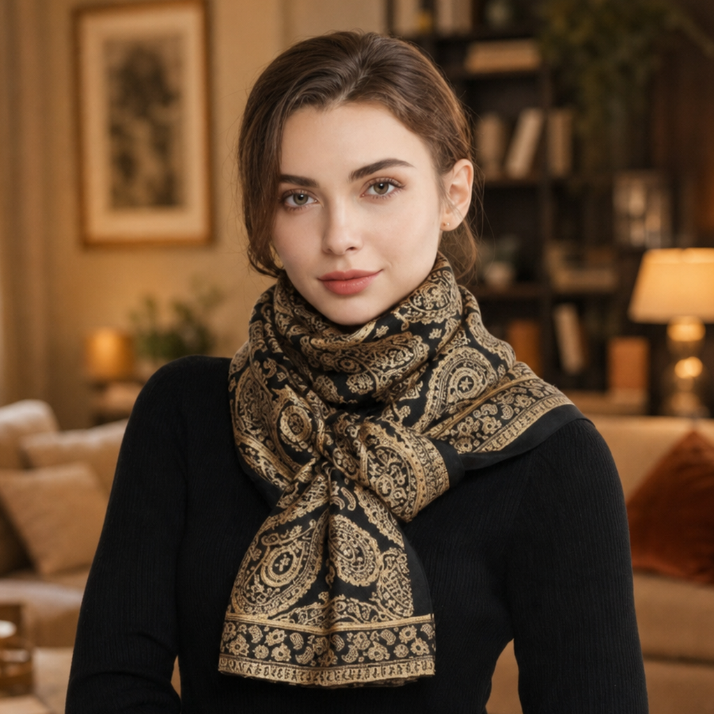 Black and Gold Paisley Print Satin Scarf Shawl Wrap