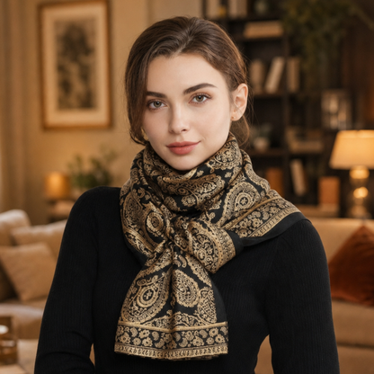 Black and Gold Paisley Print Satin Scarf Shawl Wrap
