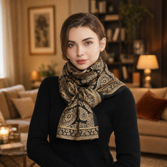 Black and Gold Paisley Print Satin Scarf Shawl Wrap