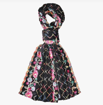 Black with Pink Roses Floral Embroidered Velvet Suede Scarf Shawl Wrap