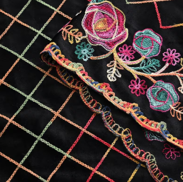 Black with Pink Roses Floral Embroidered Velvet Suede Scarf Shawl Wrap
