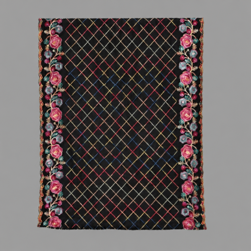 Black with Pink Roses Floral Embroidered Velvet Suede Scarf Shawl Wrap