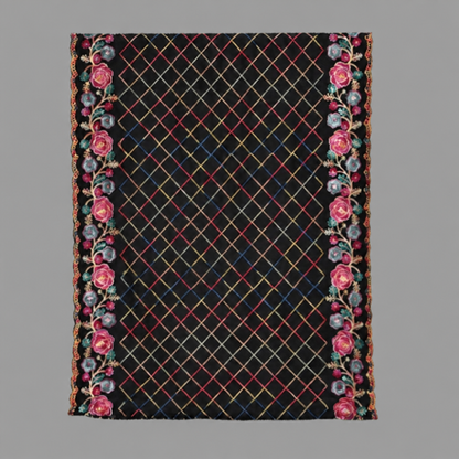 Black with Pink Roses Floral Embroidered Velvet Suede Scarf Shawl Wrap