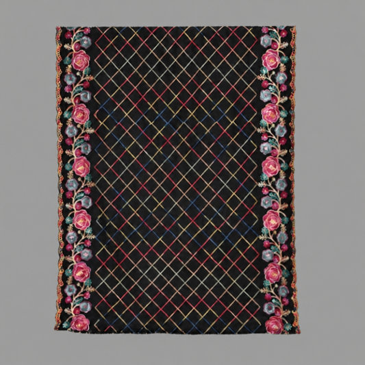 Black with Pink Roses Floral Embroidered Velvet Suede Scarf Shawl Wrap
