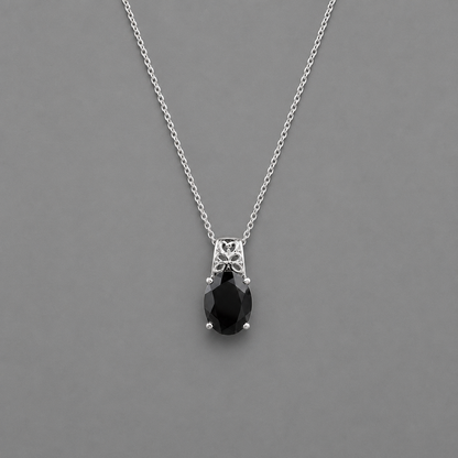 Oval cut Black Spinel Gemstone Intricate Pendant Necklace in Stainless Steel